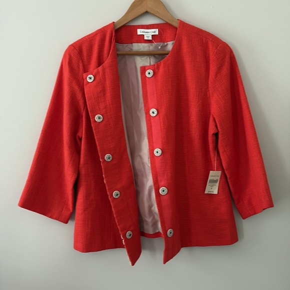 New Coldwater Creek Shell Embellished Jacket Orange Hopsack Snap Front Size 12 - Picture 9 of 15